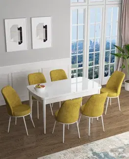 Jedálenské sety Extendable Dining Table & Chairs Set (7 Pieces) Han - White, Mustard