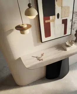 Konzolové stolíky DELIFE Konzolový stolík Edge zaoblený 140×40 cm keramika Laminam® Travertino Bianco krémovo biela Livos kov čierna