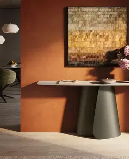 Konzolové stolíky DELIFE Konzolový stolík Edge zaoblený tvar 180×40 cm keramika Laminam® Travertino Bianco krémovo biela Livos kov titánová farba efekt