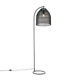Stojace lampy Rustikálna stojaca lampa čierna s ratanom - Sam