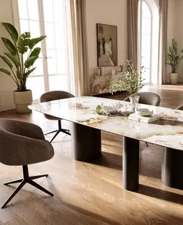 Jedálenské stoly DELIFE Jedálenský stôl Edge zaoblený tvar 260×120 cm keramika Minas Melange bielo-béžová Troa kov čierna