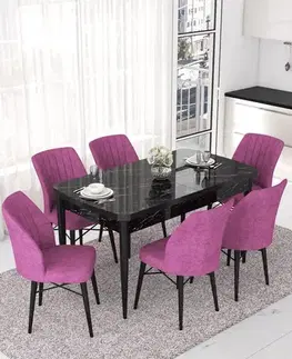 Jedálenské sety Extendable Dining Table & Chairs Set (7 Pieces) Nef - Black Marble, Purple