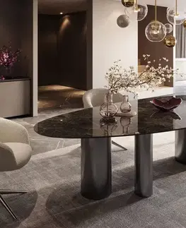 Jedálenské stoly DELIFE Jedálenský stôl Edge oválny 280x130 keramika Laminam®Emperador Extra Lucidato tmavohnedá Troa nerezová oceľ grafitová