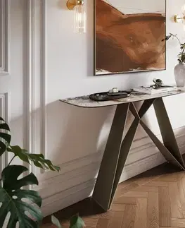 Konzolové stolíky DELIFE Konzolový stolík Edge zaoblený 140×40 cm keramika Patagonia leštený Velio kov titánová farba