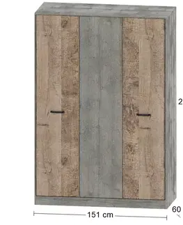 Šatníkové skrine NABBI Bova W-3D trojdverová šatníková skriňa pieskový dub / woodcon