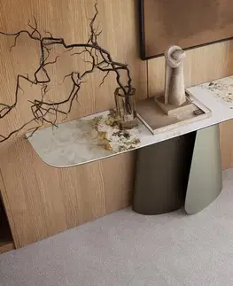 Konzolové stolíky DELIFE Konzolový stolík Edge zaoblený tvar 180×40 cm keramika Minas Melange bielo-béžová Livos kov titánová farba