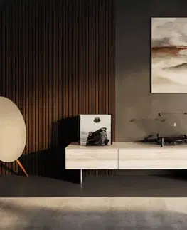 Televízne stolíky DELIFE TV stolík Cuor 150 cm keramika Laminam® Travertino Bianco krémovo biela 1 výklopné dvierka 1 zásuvka podstava závesná kov čierna
