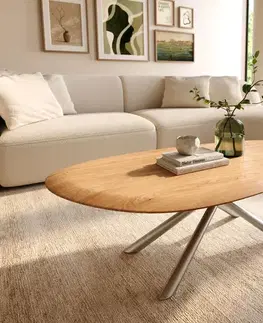 Konferenčné stolíky DELIFE Konferenčný stolík Edge oválny 140x75 cm dub prírodný okrúhla hrana Sarity nerezová oceľ kefovaná