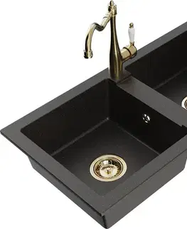 Kuchynské drezy MEXEN/S MEXEN/S - Mario granitový drez 2-bowl vrátane batérie Carla, čierna/zlatá metalik 6504-75-670700-50
