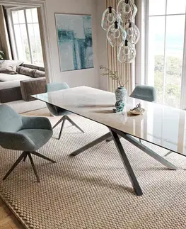 Jedálenské stoly DELIFE Jedálenský stôl Edge 200-300×100 cm keramika onyx šampanské krížová podstava hranatý nerezová oceľ grafit rozkladací