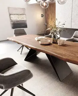Jedálenské stoly DELIFE Jedálenský stôl Edge 260x100 XL akácia hnedá podstava v tvare V plochá oceľ čierna Live-Edge