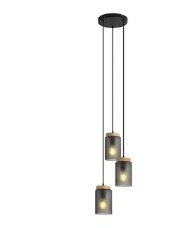 Závesné svietidlá Moderné závesné svietidlo čierne s drevom a matným sivým sklom 3-Lights - Umbra