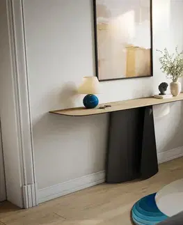 Konzolové stolíky DELIFE Konzolový stolík Edge zaoblený 180×40 cm keramika Laminam® sabbia dubová farba Livos kov čierna