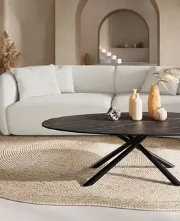 Konferenčné stolíky DELIFE Konferenčný stolík Edge oválny 140x75 cm keramika Laminam® Noir Desir hnedá Sarity kov čierna