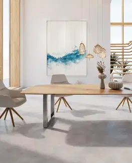 Jedálenské stoly DELIFE Jedálenský stôl Edge zaoblený tvar 300x120x2,5-3 dub prírodný nerezová oceľ široký švajčiarska hrana