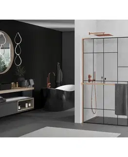 Sprchové dvere MEXEN/S - Kioto+ L Sprchová zástena WALK-IN s poličkou a držiakom uterákov 100 x 200, čierny vzor, meď kartáčovaná 800-100-123-65-78