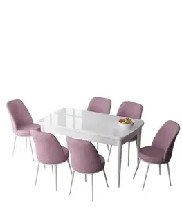 Jedálenské sety Extendable Dining Table & Chairs Set (7 Pieces) Zen - White, Pink