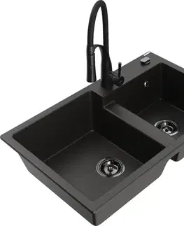 Kuchynské drezy MEXEN/S MEXEN/S - Tomas granitový drez 2-bowl vrátane batérie Aster, čierna/zlatá metalik 6516-75-73450-70-B
