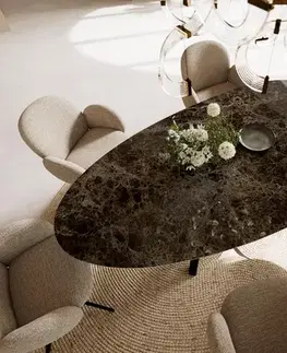 Jedálenské stoly DELIFE Jedálenský stôl Edge oválny 220x120 keramika Laminam® Emperador Extra Lucidato tmavohnedá Zenthara hranatý kov čierna