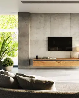 Televízne stolíky DELIFE Dizajnový TV stolík Stonegrace 240 cm akácia prírodná bridlica 4 dvierka závesný