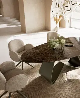 Jedálenské stoly DELIFE Jedálenský stôl Edge oválny 220x120 keramika Laminam® Emperador Extra Lucidato tmavohnedý podstava v tvare W kov titánová farba