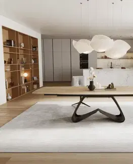 Jedálenské stoly DELIFE Jedálenský stôl Edge zaoblený tvar 200-300×120 cm keramika Laminam® sabbia v dubovej farbe podstava v tvare W kov čierna rozkladací