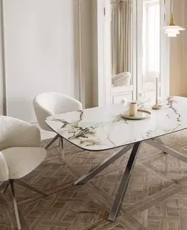 Jedálenské stoly DELIFE Jedálenský stôl Edge Boot 200x100 keramika Calacatta Luxe bielo-zlato-šedá krížová podstava obdĺžnik nerezová oceľ