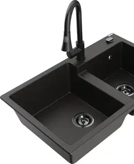 Kuchynské drezy MEXEN/S MEXEN/S - Tomas granitový drez 2-bowl vrátane batérie Elia, čierna/zlatá metalik 6516-75-670101-70-B