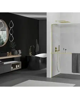 Sprchové dvere MEXEN/S - Kioto+ L Sprchová zástena WALK-IN s poličkou a držiakom uterákov 80 x 200, transparent, zlatá kartáčovaná 800-080-123-55-00