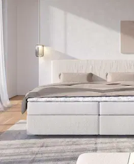 Postele Boxspring DELIFE Boxspring posteľ Dream-Well bouclé krémovo biela 200×200 cm s vreckovou pružinovou matracou a topperom Visco