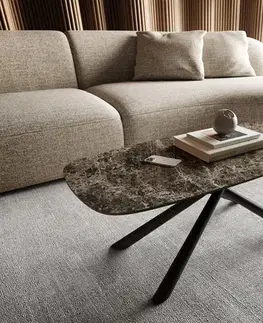 Konferenčné stolíky DELIFE Konferenčný stolík Edge zaoblený 100x50 cm keramika Laminam® Emperador Extra Lucidato tmavohnedá Sarity kov čierna