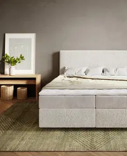 Postele Boxspring DELIFE Boxspring posteľ Dream-Well 160×200 cm bouclé krémovo biela s vreckovou pružinovou matracou a visco topperom