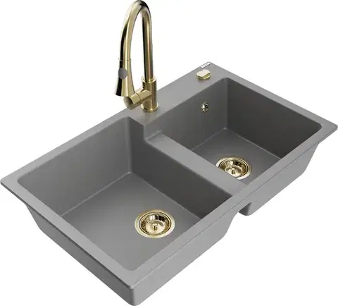 Kuchynské drezy MEXEN/S MEXEN/S - Tomas granitový drez 2-bowl vrátane batérie Elia, šedá 6516-71-670101-50