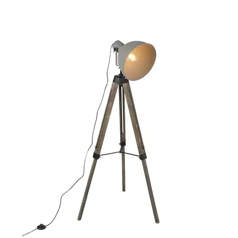 Stojace lampy Priemyselná stojaca lampa na drevenom trojnohom stojane s sivým tienidlom - Laos