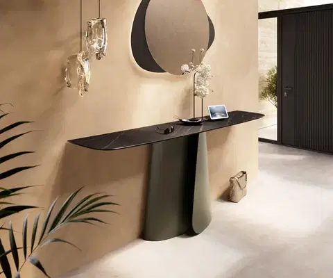 Konzolové stolíky DELIFE Konzolový stolík Edge zaoblený 180×40 cm keramika Laminam® Noir Desir hnedá Livos kov titánová farba efekt