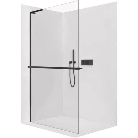 Sprchové dvere CERANO - Sprchová zástena Walk-in Onyx L-ľavá vzpera - 10 mm + polička / držiak na uteráky - čierna matná, transparentné sklo - 130x200 CER-8050BD73734