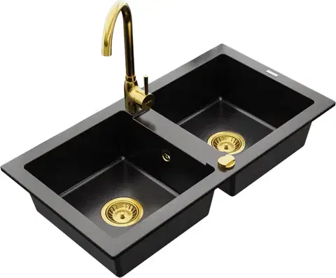 Kuchynské drezy MEXEN/S MEXEN/S - Mario granitový drez 2-bowl vrátane batérie Telma, čierna 6504-77-670200-50