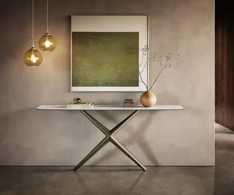 Konzolové stolíky DELIFE Konzolový stolík Edge zaoblený 180×40 cm keramika onyx perla Estelo kov titánová farba