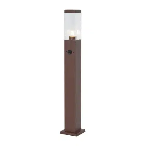 Zahradne stlpove lampy Vonkajšia lampa hrdzavo hnedá s čírym sklom 80 cm IP44 so zásuvkou a snímačom pohybu - Malios