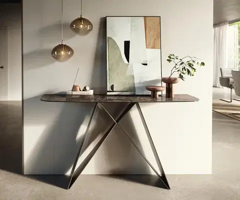 Konzolové stolíky DELIFE Konzolový stolík Edge zaoblený 140×40 cm keramika Emperador Extra Lucidato tmavohnedá Velio kov titánová farba