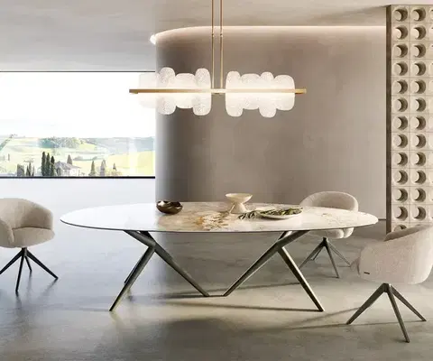 Jedálenské stoly DELIFE Jedálenský stôl Edge oválny 280x130 keramika Minas Melange bielo-béžová Estelar okrúhly kov titánový efektový povrch