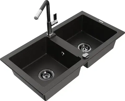 Kuchynské drezy MEXEN/S MEXEN/S - Mario granitový drez 2-bowl vrátane batérie Flora, čierna/zlatá metalik 6504-75-670401-07-B