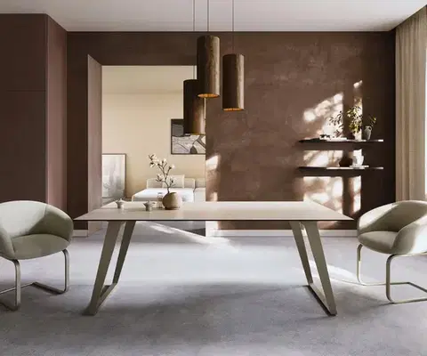 Jedálenské stoly DELIFE Jedálenský stôl Edge 200x100 keramika Laminam® Travertino Bianco krémovo biela kovová skosená Titánová farba