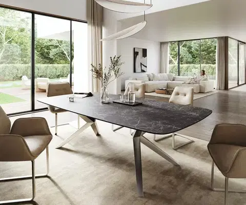 Jedálenské stoly DELIFE Jedálenský stôl Edge zaoblený 260×120 cm keramika Laminam® Nero Greco antracitová Zenthara hranatý nerezová oceľ