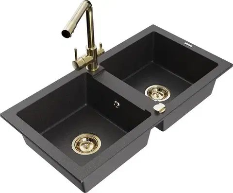 Kuchynské drezy MEXEN/S MEXEN/S - Mario granitový drez 2-bowl vrátane batérie Duero, čierna kropenatá 6504-76-671600-50