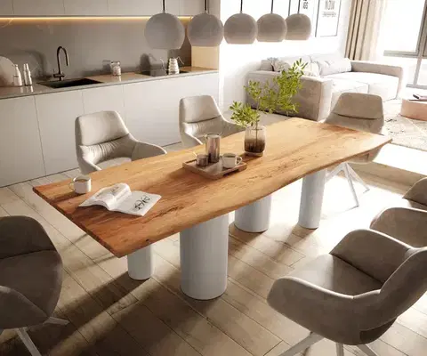 Jedálenské stoly DELIFE Jedálenský stôl Edge 260×100 akácia prírodná pilier kov biela Live-Edge