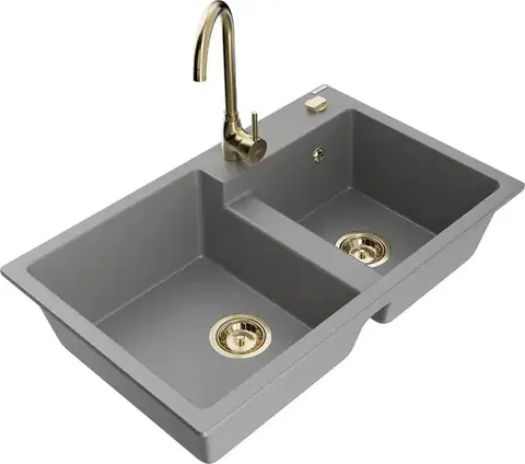 Kuchynské drezy MEXEN/S MEXEN/S - Tomas granitový drez 2-bowl vrátane batérie Telma, šedá 6516-71-670200-50