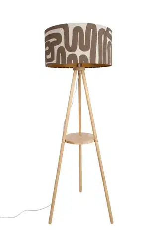 Stojace lampy Stojacia lampa s trojnožkou drevená s pruhovaným béžovým a hnedým tienidlom 50cm - Lou