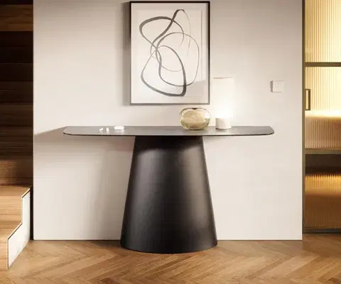 Konzolové stolíky DELIFE Konzolový stolík Edge zaoblený 140×40 cm keramika betón sivá Conos kov čierna