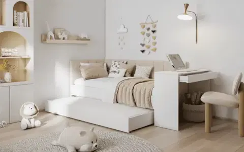 Postele ArtBed Detská posteľ FREYA s prístelkou a so stolíkom | biela / béžová (Panama 706) 90 x 200 cm
